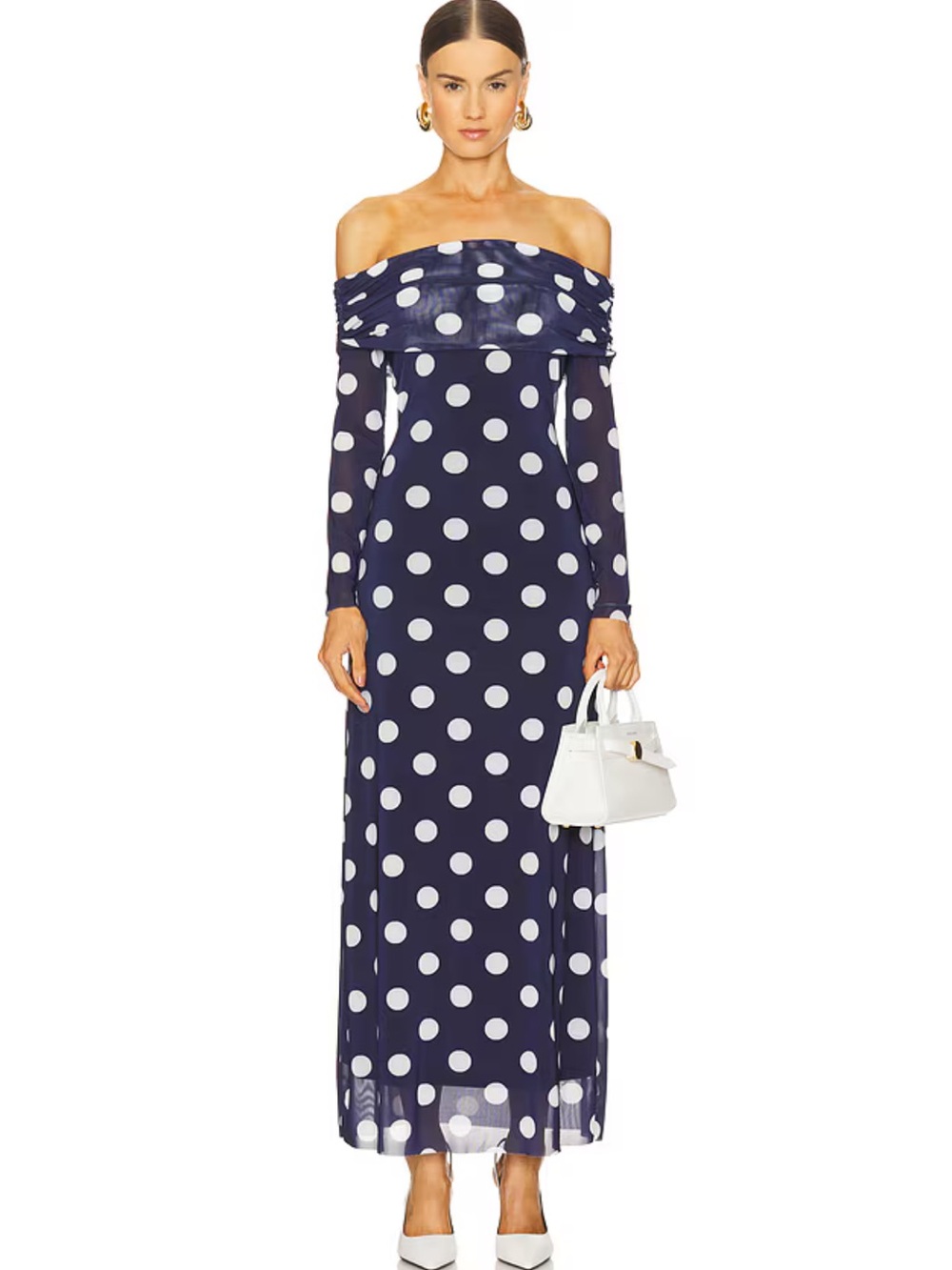 Steve Madden Navy and White Polka Dot Aurelia Off-Shoulder Maxi Dress